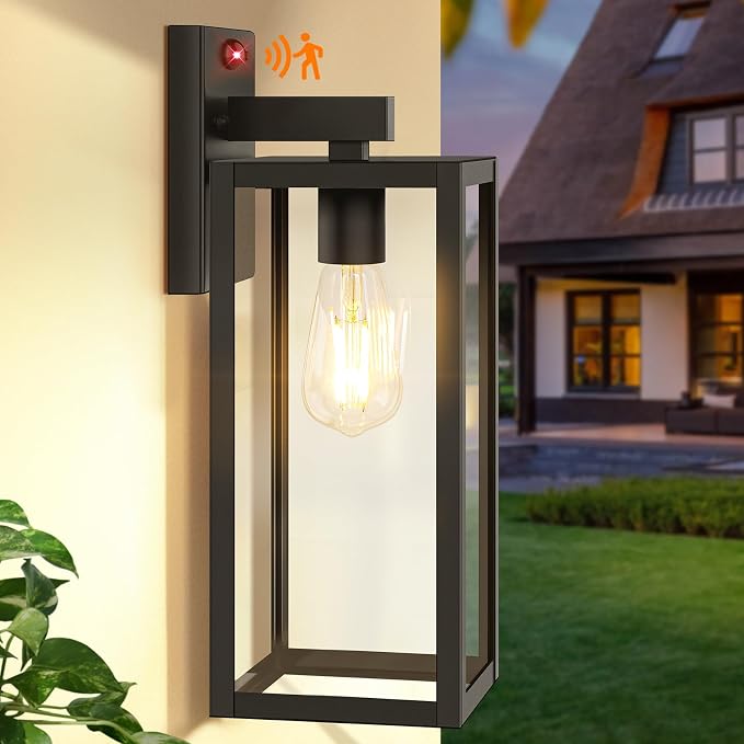 15" Large Upgraded Motion Sensor Outdoor Wall Light Fixture, Black | Auto ON/OFF, 3 Lighting Modes, Waterproof, Rust-Resistant, Durable Metal & Clear Glass, Standard E26 Sockets, Easy to Install