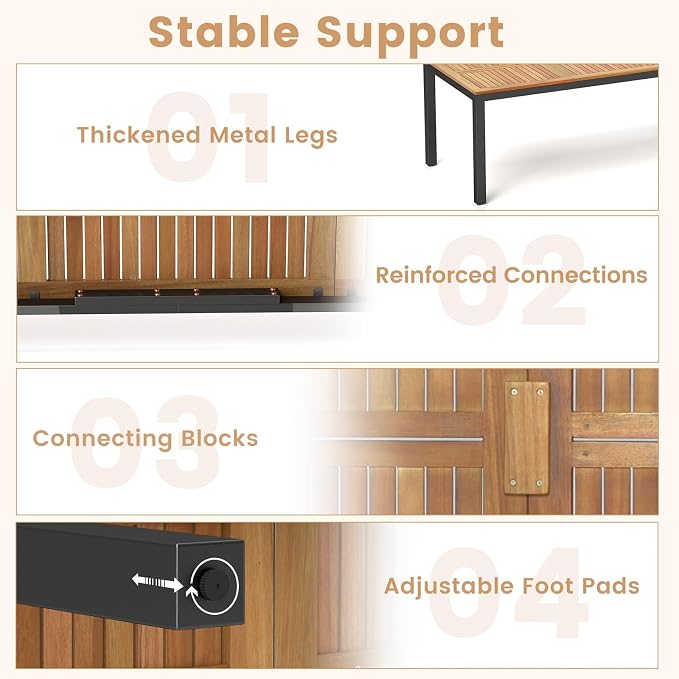 RELAX4LIFE Patio Outdoor Dining Table for 8, 79’’ x 35.5’’ Acacia Wood Rectangular Table w/Slatted Top, Umbrella Hole & Metal Legs, Indoor Outdoor Picnic Bistro Table, 8-Person Patio Dining Table