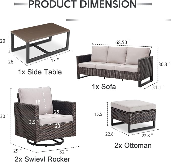 6 Piece Wicker Patio Furniture Set - Outdoor Swivel Rocker Chairs Set with Coffee Table, 3 Seat Sofa & Ottomans, Small Patio Conversation Sets Proch Furniture for Balcony Deck - Brown/Beige