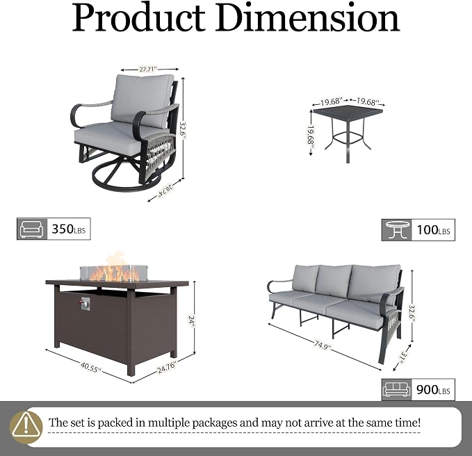 9-Piece Outdoor Furniture Set, Metal Swivel Rocking Chairs with All-Weather Cushions, Patio Conversation Set with Fire Pit Table for Deck, Porch, Garden, Backyard, Poolside (Gray Cushions)