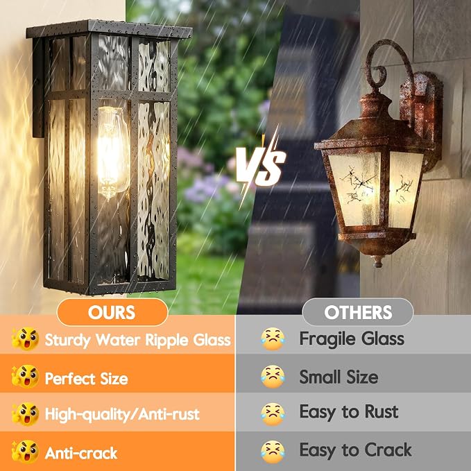 Outdoor Wall Light Fixtures, Modern Black Porch Wall Lights | Waterproof Construction & Durable Metal, Rust-Resistant, Quick & Easy Installation, Ripple Glass Shades & Standard E26 Socket