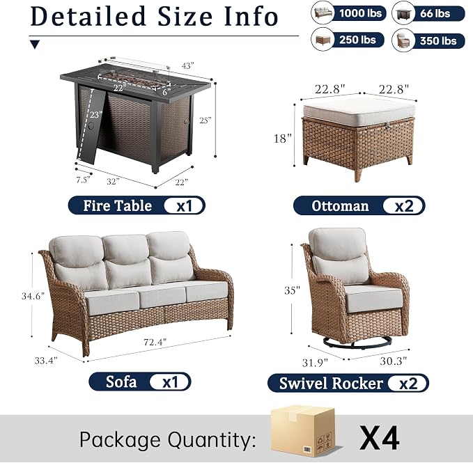 Luxury High Back Outdoor Furniture 6-Inch Thick Cushions with 50,000 BTU Gas Propane Fire Pit Tablet, Patio Furniture Set with Swivel Chairs, 6 PCS for Porch, Balcony, Deck and Yard