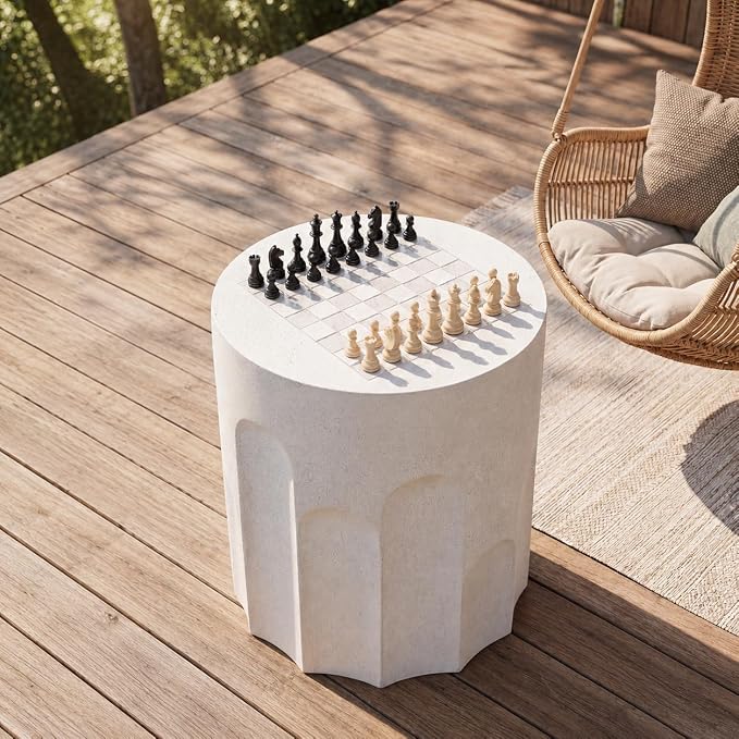 HOMPUS Outdoor Side Table with Checkeboard Grain Tabletop, Round Shaped MgO Lightweight Concrete End Tables, Modern Vintage Patio Accent Table for Indoor Outdoor Use, Spotted White