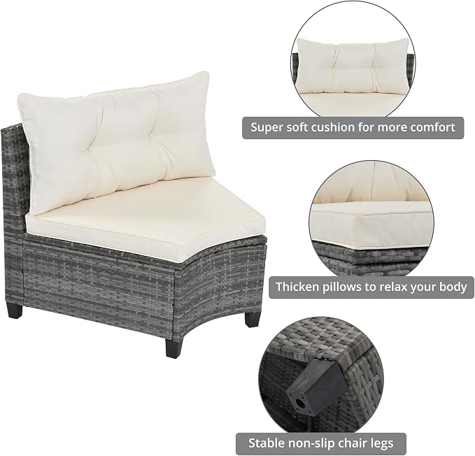 8 Piece Outdoor Wicker Round Sofa Set, Half-Moon Sectional Set with Tempered Glass Top Rectangular Coffee Table, Curved Patio Conversation Seating Set for Porch Backyard, Beige