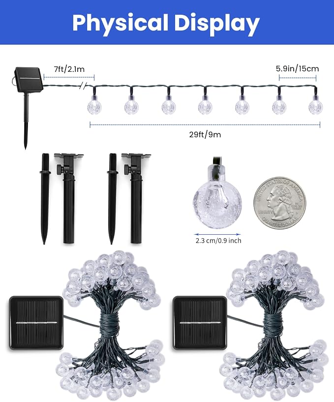 Brightown Solar String Lights Outdoor Waterproof, 2 Pack 60 LED 36.5 FT Each, 8 Lighting Modes Solar Powered Patio Lights for Garden Yard Porch Wedding Party Decor (Blue)