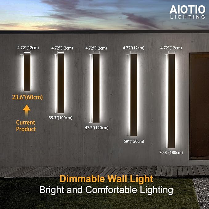 AioTio 23.6in 2pcs Modern Outdoor Wall Light, Upgraded 4.72in Wide Outdoor Wall Sconce, Dimmable Waterproof IP65 Long LED Black Garage Lights, Exterior Wall Lighting fixtures for House, Front Door