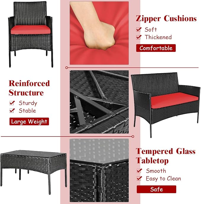 DORTALA Wicker Patio Furniture Set 4 Piece, Rattan Outdoor Table and Chairs Set with Loveseat, Cushions, All Weather Balcony Conversation Sofa Set for Porch, Backyard, Deck, Red