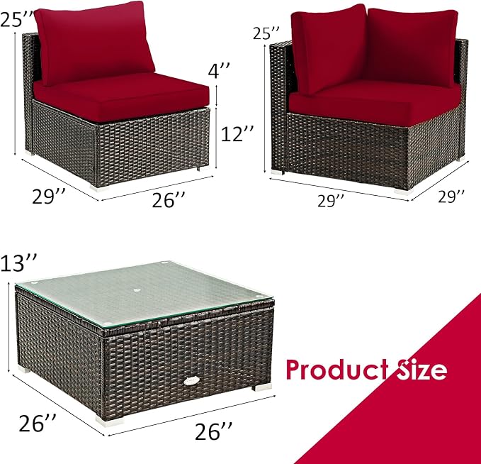 Tangkula 5 Pieces Patio Furniture Set, All Weather Wicker L-Shaped Corner Sofa Set w/Soft Cushions, Outdoor Sectional Conversation Couch Set w/Glass Table for Backyard Garden Poolside (Red)