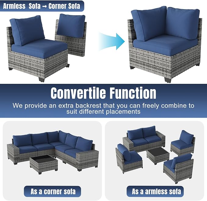 Aoxun 6 Pieces Patio Furniture Set Wicker Rattan Outdoor Sectional Conversation Set with Coffee Table and 4” Thickened Cushions, Gray Blue(Waterproof Cover Included)