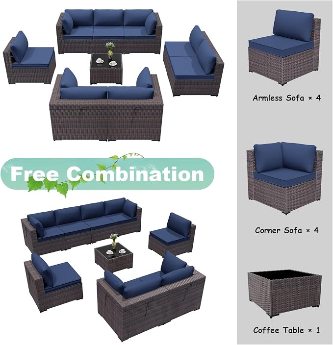ALAULM 9 Pieces Patio Furniture Set Wicker Patio Conversation Set with 4 Corner Sofas, Outdoor Sectional Furniture w/Coffee Table & Washable Seat Cushions-Dark Blue
