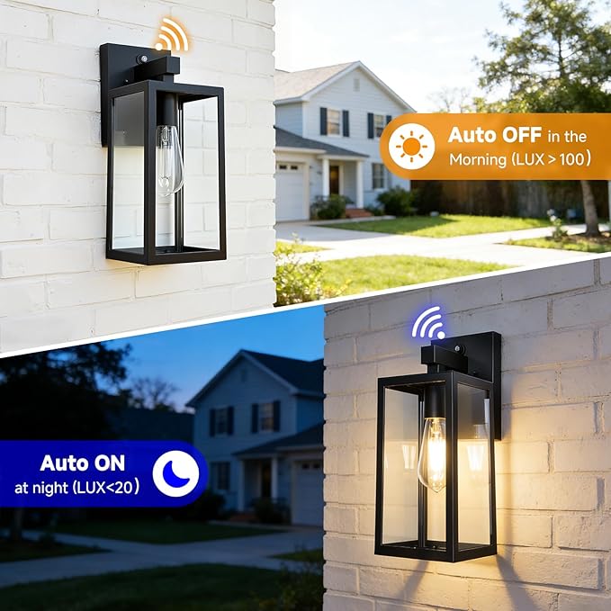 SHINE HAI Dusk to Dawn Sensor Outdoor Wall Sconce, Exterior Porch Lantern Fixture with E26 Socket & Glass Shade, Waterproof Wall Mount Lighting for Patio Front Door Entryway