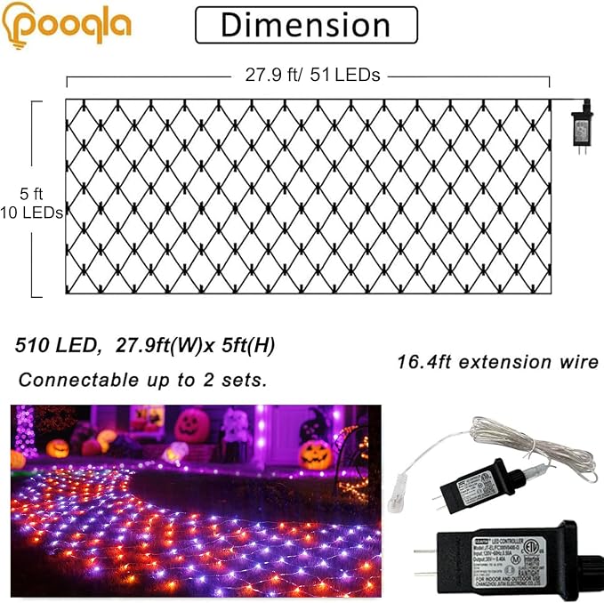 Orange and Purple Halloween Net Lights Outdoor, 28x 5ft Clear Wire | 510 LED Large Net Mesh Lights Plug in, 8 Modes Waterproof Connectable Bushes Lights for Halloween Hedge Yard Decor