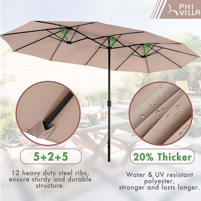 PHI VILLA 7 Pcs Patio Dining Set w/Umbrella, 6 Stackable Chairs | 60” Rectangular Metal Dining Table & 6 Stackable Metal Chairs & 13ft Large Beige Umbrella for Outdoor, Deck, Yard, Porch