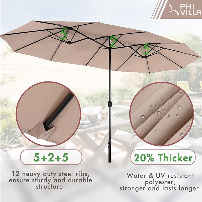 PHI VILLA 7pc Patio Dining Set w/Umbrella, Rectangular Table, Rattan Chairs | Outdoor Dining Set for 6, 60” Metal Table & 6 Cushioned Rattan Chairs with Beige Umbrella for Outdoor, Deck, Yard, Porch