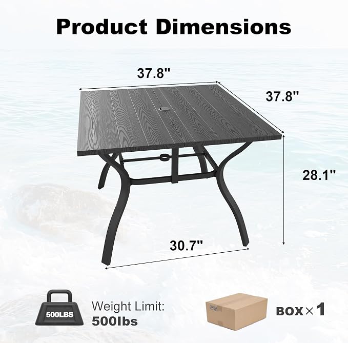 37.8'' Outdoor Dining Table for 4, Black Metal Patio Dining Table with 1.97'' Umbrella Hole,Anti-Rust Waterproof Square Table for Porch Deck Poolside Garden Backyard