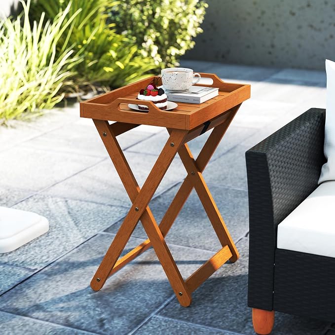 Tangkula Outdoor Wood Tray Table, Patio Portable Side End Table with Removable Serving Tray and Folding Frame, Outside Coffee Bistro Furniture for Porch, Balcony and Garden (2)