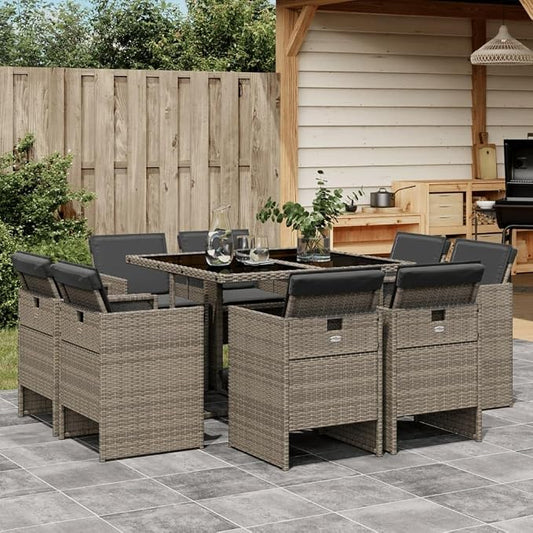 9-Piece Patio Dining Set with Cushions Gray Poly Rattan Outdoor Furniture Set for Garden Backyard Balcony Porch