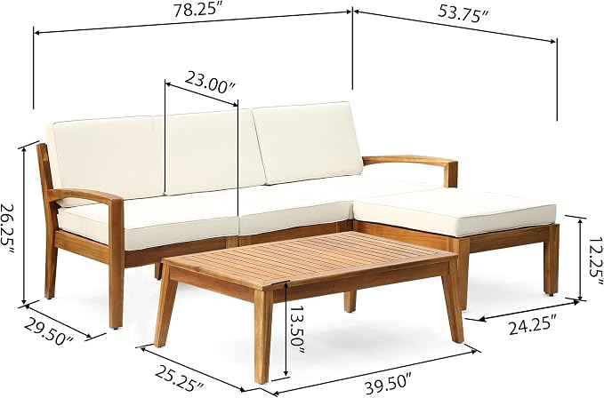 JIVOIT L-Shape Outdoor Furniture Set, 3-Piece Acacia Sectional Patio Sofa Set with 3-Seater Sofa, Coffee Table and Ottoman, Conversation Set for Garden, Poolside, Backyard