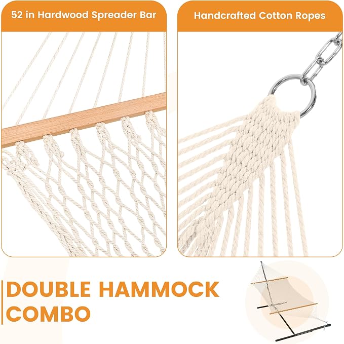 Lazy Daze Hammocks Rope Hammock with Pad, Spreader Bar, Carabiners, Tree Straps, Chains for Outside Patio- Max 450 Lbs, Cream