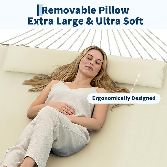 Double Quilted 2 Person Outdoor Hammock, Spreader Bars, Large Removable Pillow, Adjustable Steel Frame, Cotton Rope & Polyester Pad, Supports Up to 500lbs – Perfect for Patio, Backyard, Garden, Beach
