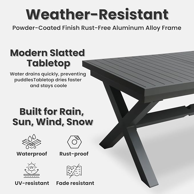 Extendable Patio Dining Table for 6-8: 63''-83'' Rectangle Aluminum Table, Umbrella Hole, Slatted Tabletop, Metal Sturdy X-Trestle Base for Outdoor Meals Garden Deck Yard Gathering Party - Gray