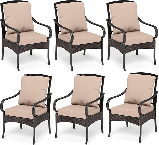 PHI VILLA Patio Dining Chairs Outdoor Wicker Chairs Set of 6 with Cushions | Heavy Duty Outdoor Metal Wicker Dining Chair with Padded Cushions, Large All Weather Wrought Iron Patio Chair for Balcony