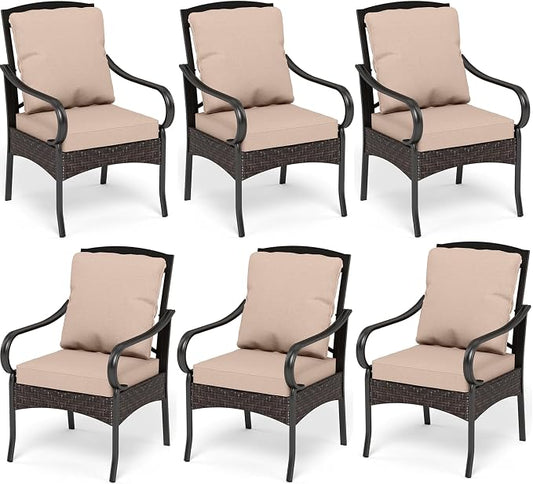 PHI VILLA Patio Dining Chairs Outdoor Wicker Chairs Set of 6 with Cushions | Heavy Duty Outdoor Metal Wicker Dining Chair with Padded Cushions, Large All Weather Wrought Iron Patio Chair for Balcony