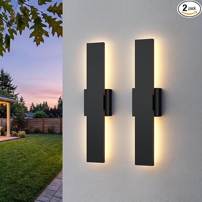 2 Pack LED Outdoor Wall Lights Dimmable, 3000K/4500K/6000K, 15.7" Modern Black Outdoor Wall Sconce, Linear IP65 Waterproof Exterior Wall Light Fixture for Entrance, Hallway, Garage, Porch