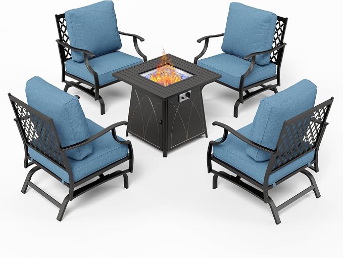 MIXPATIO Patio Furniture Set with Fire Pit Table, 5 Pcs Metal Outdoor Conversation Set, 4 Rocking Chairs with 5.75" Extra Thick Cushion and 28" Fire Pit Table for Backyard Deck, Navy Blue