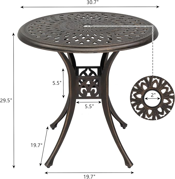 30 inch Round Patio Table, Cast Aluminum Outdoor Table, Outdoor Dining Table with Umbrella Hole, Small Bistro Table for Garden, Yard, Bronze