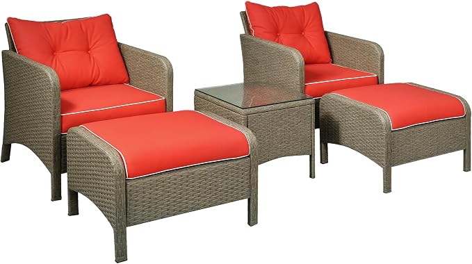 Outsunny 5 Pieces Rattan Wicker Lounge Chair Outdoor Patio Conversation Set with 2 Cushioned Chairs, 2 Ottomans and Tempered Glass Top Coffee Table, Brown/Red