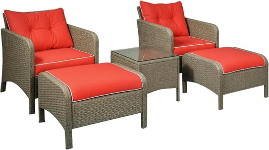 Outsunny 5 Pieces Rattan Wicker Lounge Chair Outdoor Patio Conversation Set with 2 Cushioned Chairs, 2 Ottomans and Tempered Glass Top Coffee Table, Brown/Red