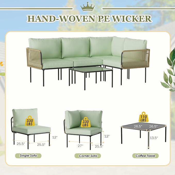 5 Piece Outdoor Patio L-Shaped Conversation Set, Patio Furniture Set with Cushions and Table, All-Weather Rattan Woven Sectional Sofa for Backyard, Porch, Boho Detachable Lounger (Green)