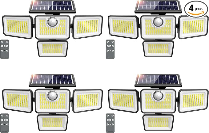 4500LM Solar Lights Outdoor, 4 Adjustable Heads Motion Sensor Lights, 3 Modes, 6500K, IP65 Waterproof Solar Security Wall Lights, Remote Control Flood Lights, Garden, Outside, Backyard, 4 Pack