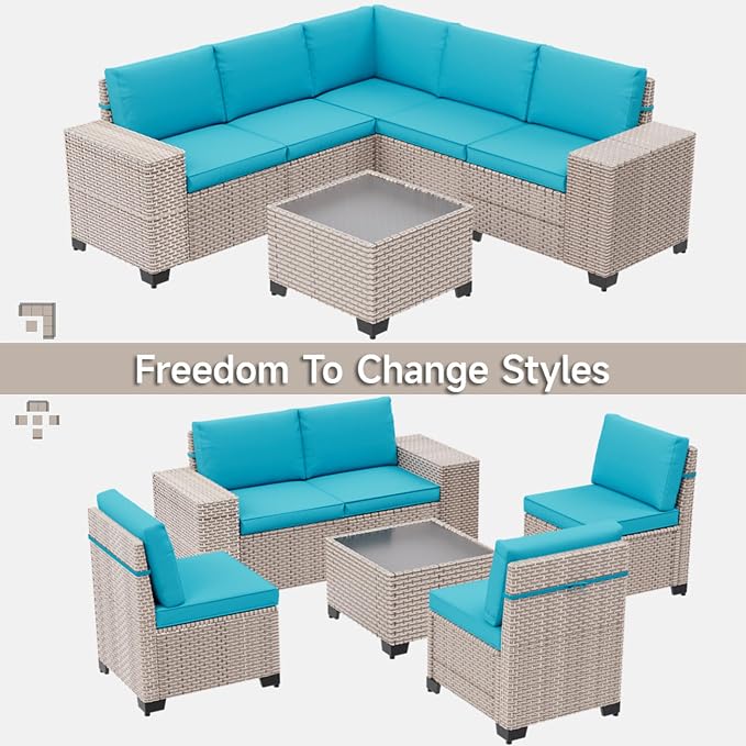 12-Piece Outdoor Patio Furniture Set, Modular Sectional Sofa Set with Glass Coffee Table and Cushions, Wicker Outdoor Couch Conversation Sets, Turquoise