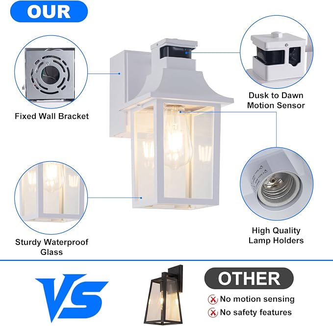 White Porch Light with GFCI Outlet & Motion Sensor,Dusk to Dawn Porch Light | 3 Lighting Modes Outdoor Wall Lights, Waterproof Aluminum Exterior Light Fixture for Front Door, Garage, Patio(1-Pack)