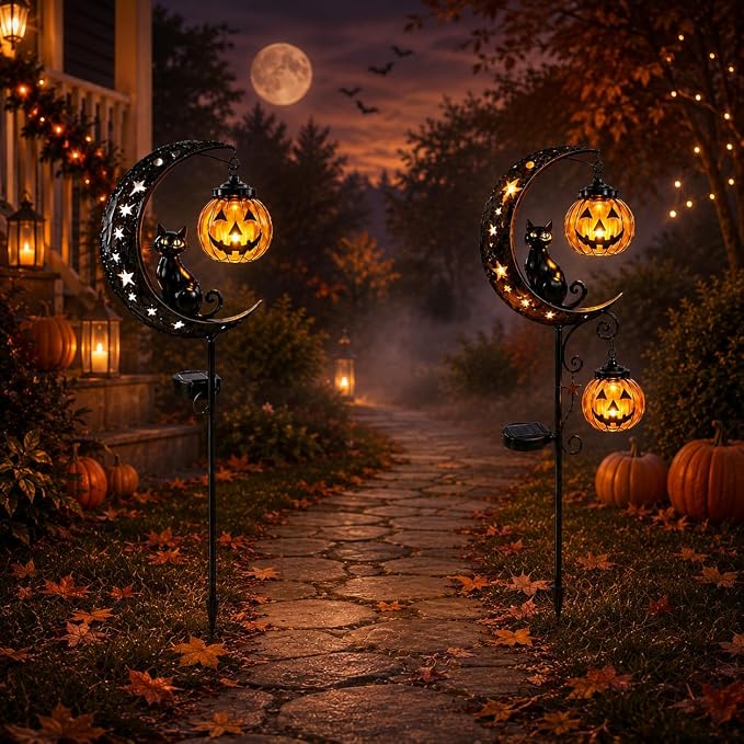 Solar Halloween Black Cat & Pumpkin Moon Garden Stake Light, Outdoor Waterproof LED Yard Decoration with Crescent Moon, Hanging Jack-o'-Lantern Lantern for Garden, Patio, Walkway, Porch (Style A C)