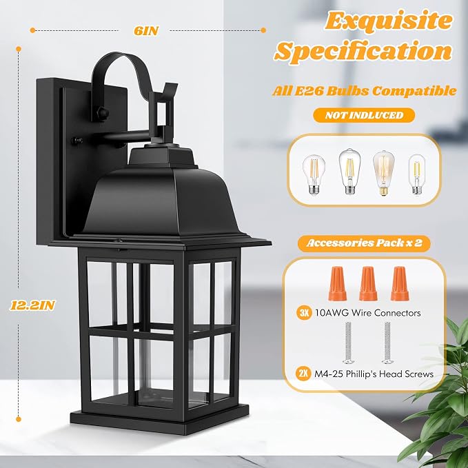 2-Pack Outdoor Light Fixtures, 100% Aluminium Waterproof Exterior Wall Lantern, Anti-Rust Outside Black Wall Sconce Porch Lights for House Garage, Doorway, Bulbs Not Included