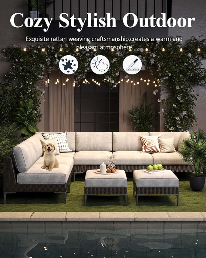 LayinSun 9-Piece Wicker Rattan Patio Furniture Set, Deep Seating Outdoor Modular Sectional Sofa Conversation Set with Thick Cushions for Lawn, Garden