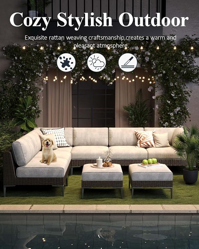 LayinSun 7-Piece Wicker Rattan Patio Furniture Set, Deep Seating Outdoor Modular Sectional Sofa Conversation Set with Thick Cushions for Lawn, Garden