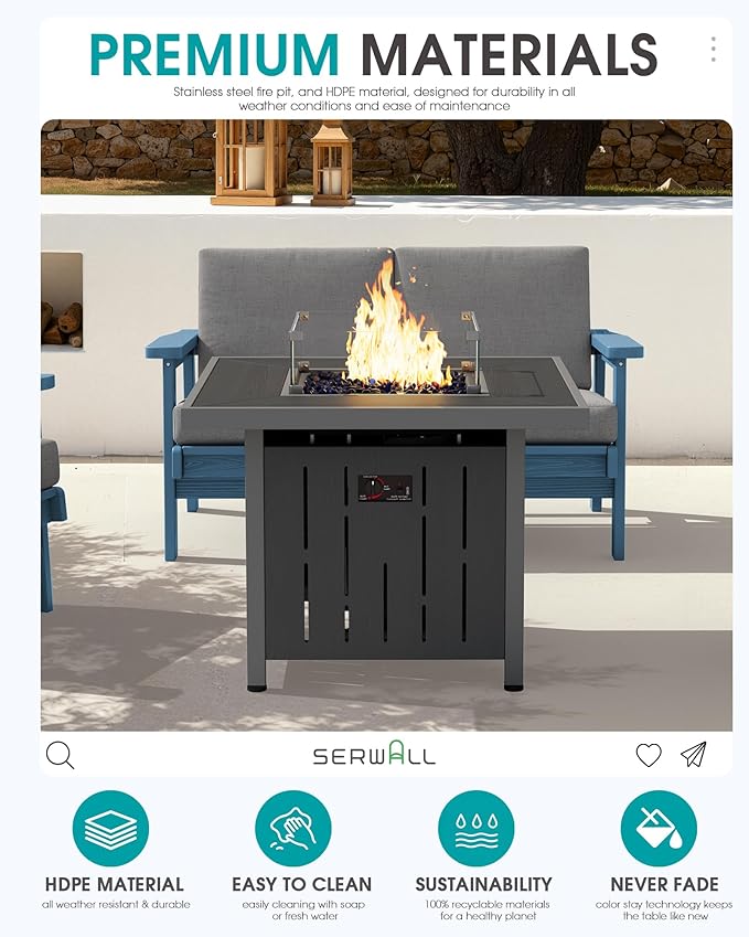 SERWALL Patio Furniture Set with 33” Fire Pit Table, HDPE Outdoor Sectional Sofa Set with Thickened Cushions, Grey Frame with Grey Cushions