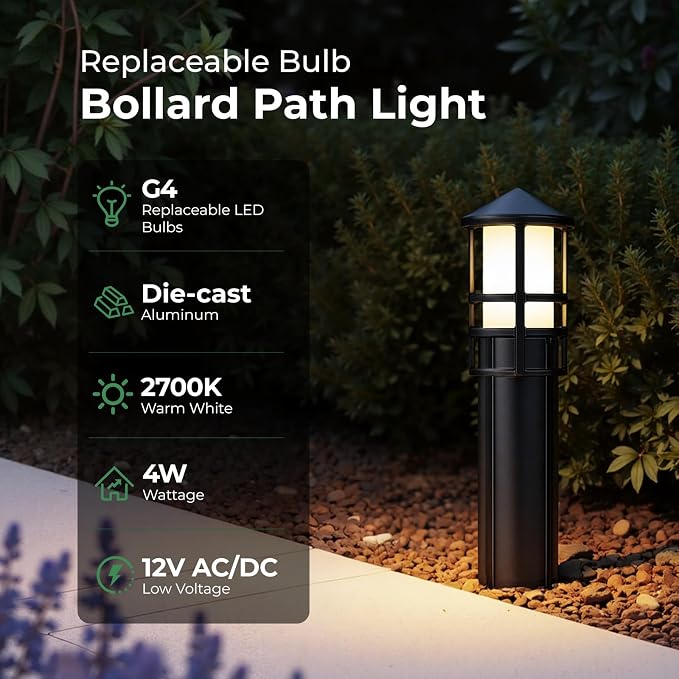 Low Voltage Landscape Pathway Lights, Replaceable G4 Bulb 12V 4W 2700K Outdoor LED Landscape Lighting, Aluminum Waterproof Walkway Lighting, Bollard Path Lights Wired, Black 12 Pack