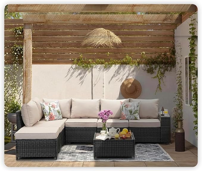 JOYURE 7 Pieces Patio Furniture Set All-Weather Outdoor Wicker Sectional Conversation Sofa Rattan Patio Seating Sofa with Cushion and Glass Table and Ottoman for Porch,Beige
