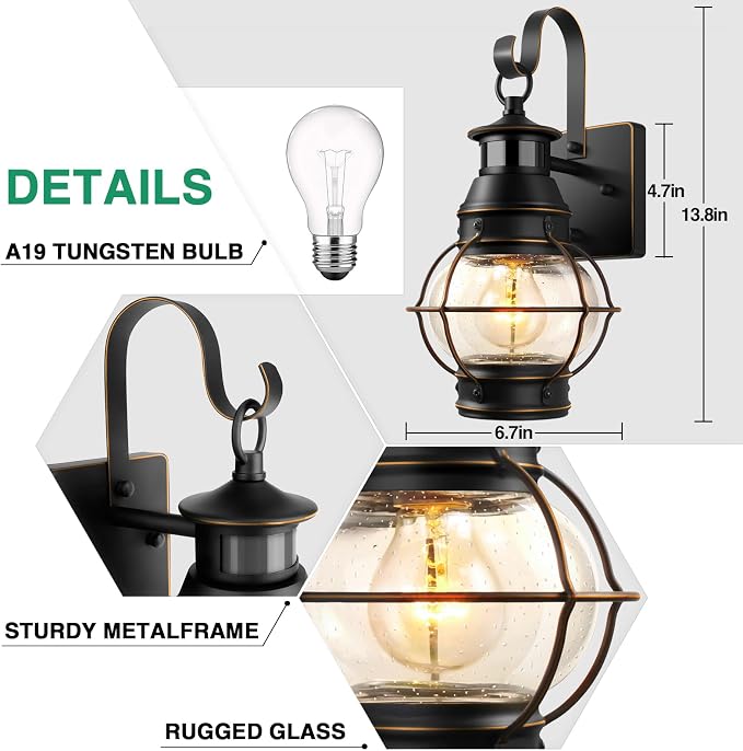 Lamomo Outdoor Wall Sconce,2 Pack Black Dusk to Dawn Motion Sensor Light Fixtures,Exterior Aluminum Waterproof Porch Lights for House Patio(No Bulb)