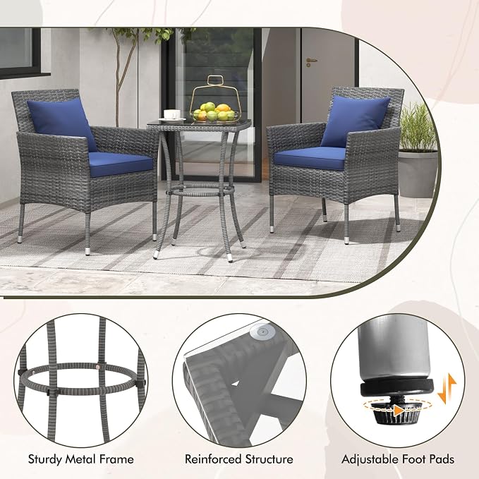 DORTALA Wicker Patio Furniture Set 3 Piece, Small Outdoor Table & Chairs with Tempered Glass Tabletop, Cushions, Rattan Conversation Bistro Set for Balcony, Porch, Backyard, Deck, Mix Gray+Navy