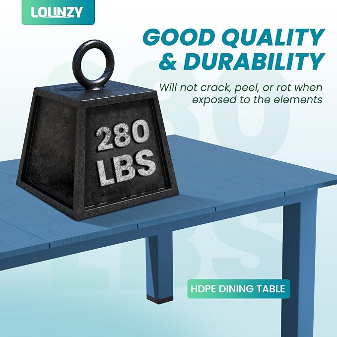 LOUNZY 75.2" HDPE Rectangle Outdoor Dining Table for 8, Oversized Patio Dining Table w/ 2" Umbrella Hole,Navy