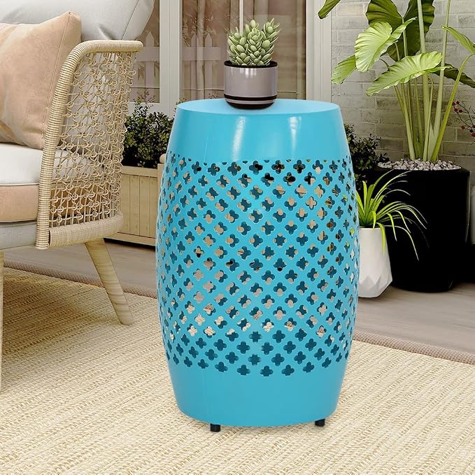 ABBLE Round Patio Outdoor Indoor Lace Cut Steel Side Table, Patio Garden Table, Coffee End Table Nightstand for Small Spaces,Living Room,Front Porch,Poolside, Teal