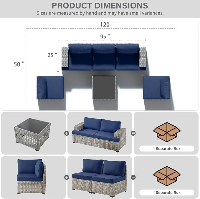 Belord 6 Piece Wicker Patio Furniture Set - 10" Wide Armrests Outdoor Sectional Couch, 5-Seater Modular Patio Conversation Set with Glass Coffee Table for Deck Sunroom Backyard