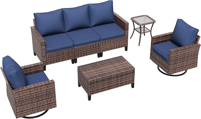 Amopatio Patio Furniture Set, Wicker Outdoor Sectional Sofa with Swivel Rocker Chairs, All-Weather Rattan Conversation Set, Storage Coffee Table, Waterproof Cover for Backyard, Deck Brown/Navy 5 PCS