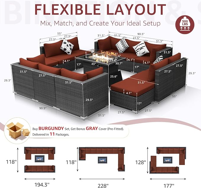 NICESOUL 13 Piece Patio Furniture w/Fireplace, Elegant Outdoor Seating w/Firepit, XL Size 29.3'' High Back Sectional Sofa, All-Weather Rattan Deck Couch, Modular Sturdy Conversation Set, Gray & Red